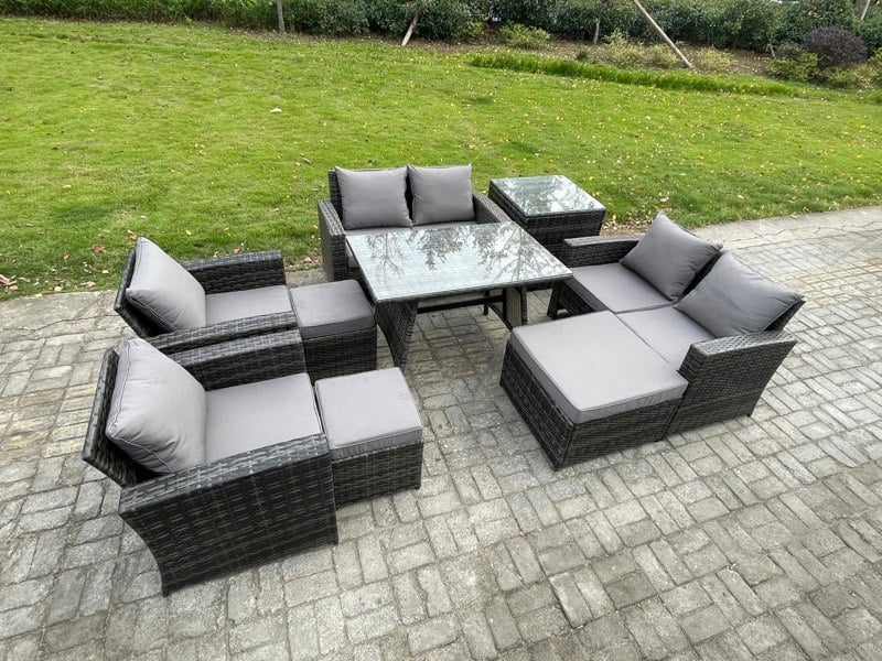 Fimous 9-Piece Rattan Garden Furniture Set - Dark Grey Mixed Wicker Patio Sofa with 3 Footstools & Side Table