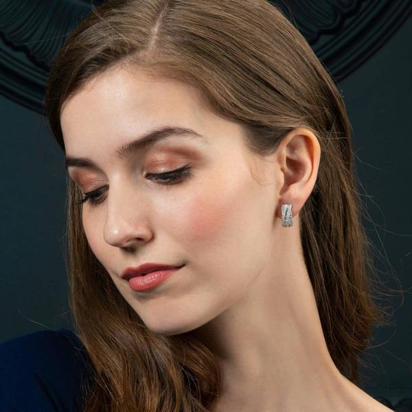 Sterling Silver Large Hoop Earrings for Women with Baguette Stones - namana.london