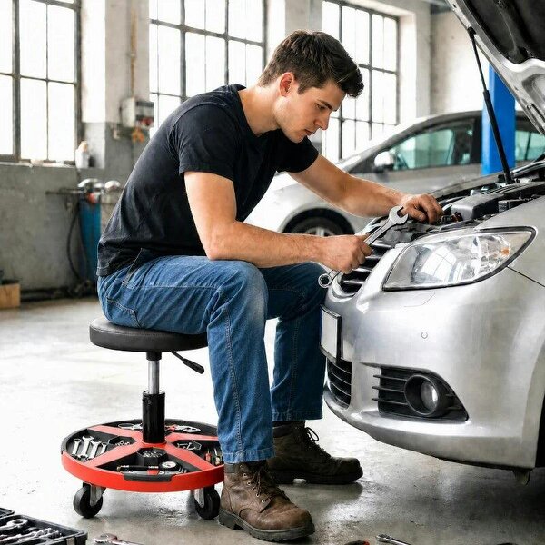 Rolling Mechanic Stool, 40-52 cm Height Adjustable Workshop Stool, 135kg 360° Swivel Roller Padded Creeper Seat, Black