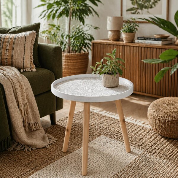 Wyld Haus Nona Wood White Round Coffee Table With Carved Floral Tray Top