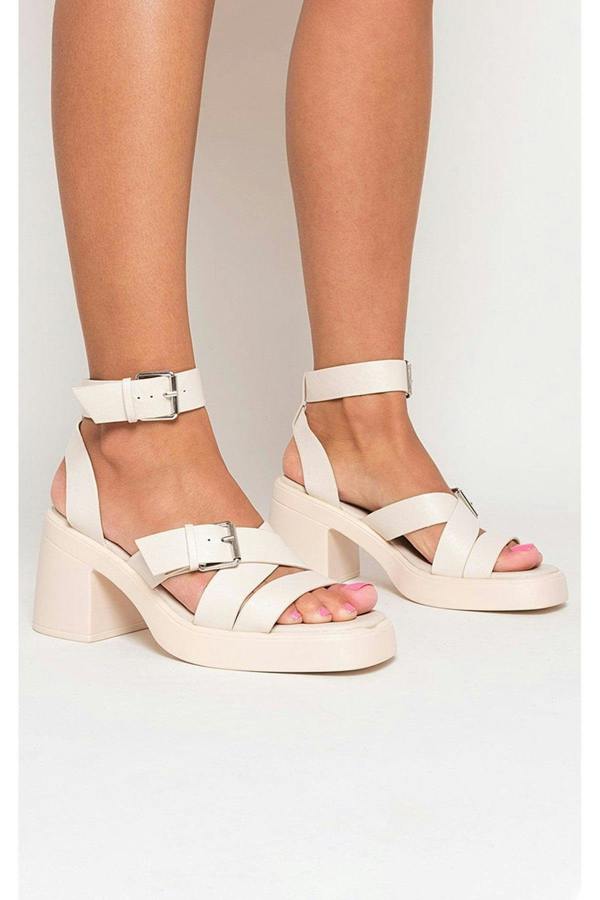 Faye Cris Cross Ankle Strap Heeled Sandals - Cream