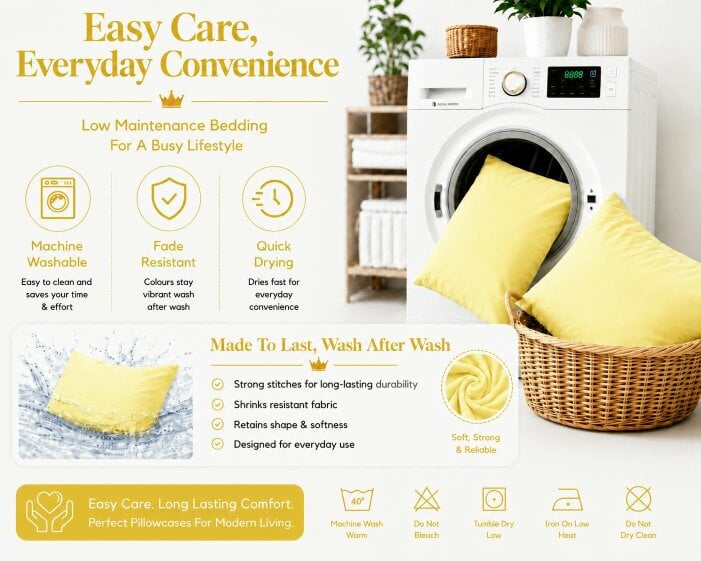 Night Zone Housewife Polycotton Pillowcases Pair – Plain Dyed Easy Care Bed Linen - Lemon
