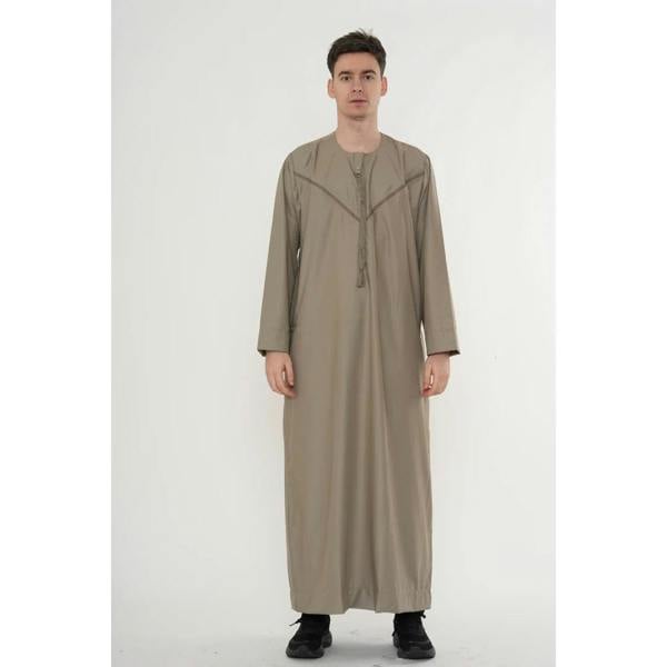 HM10 - Men's Emirati Omani Zipped Embroidery Thobe - Beige - Thobez - 11