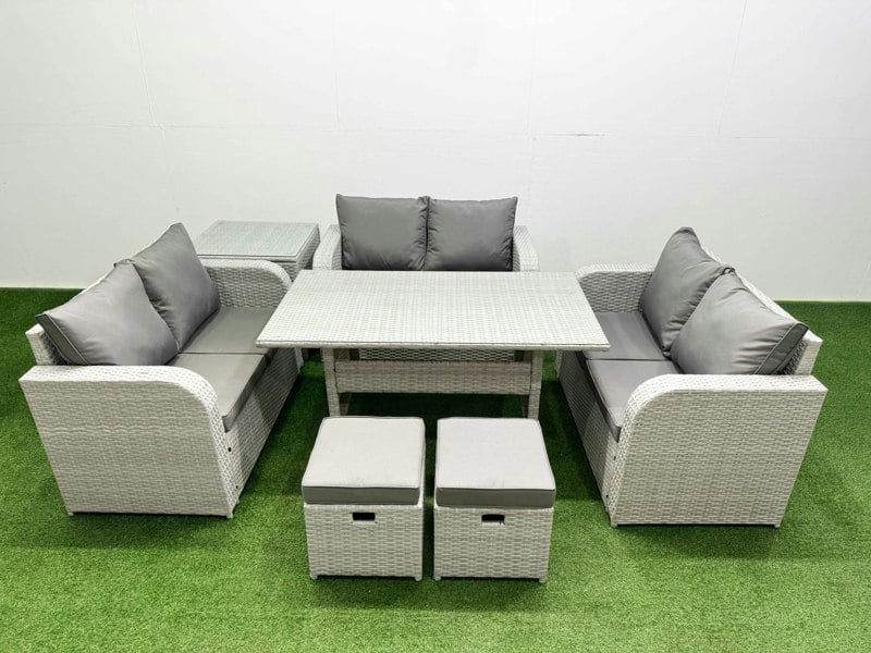 Fimous  8 Seater PE Wicker Rattan Furniture Sofa Sets with Rectangular Dining Table 2 Seater Love Sofa 2 Stool Side Table Light Grey