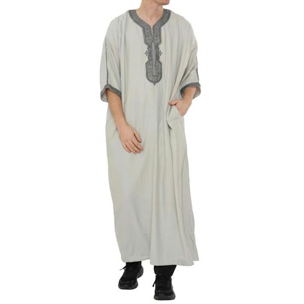 Men's Half Sleeve Embroidery Moroccan Thobe - Grey Charcoal - Thobez - 7