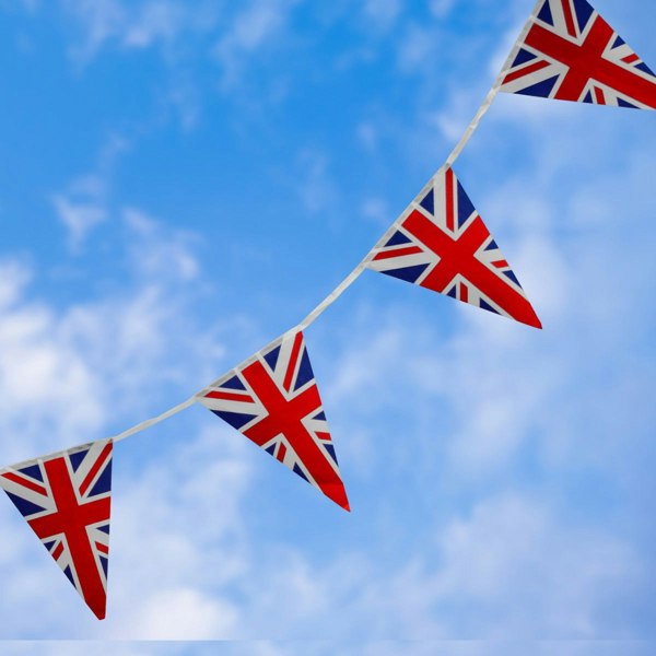 Union Jack flag bunting, 10m long, featuring vibrant red, white, and blue triangular flags against a bright blue sky