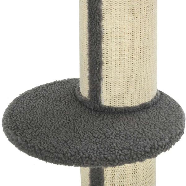 Round grey carpet base of a cat tree with beige sisal post