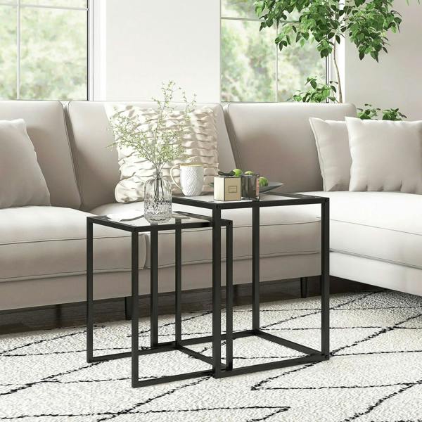 Black nesting tables set of 2 with clear tempered glass tops and rectangular steel frames