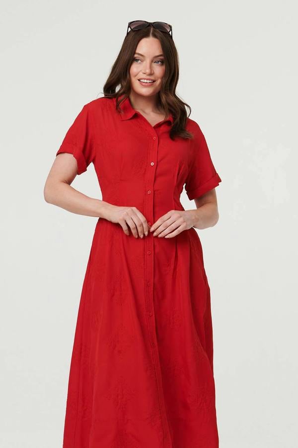 Red | Short Sleeve Flared Midi Shirt Dress