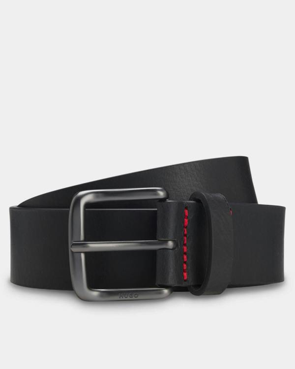 HUGO Geffrey Mens Italian-Made Belt in Buffalo Leather with Logo Buckle - Black 001 | CHO | Designer Mens Belts