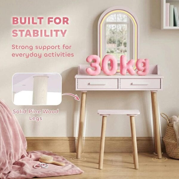 Kids Dressing Table, Girls Vanity Set with Stool, 3-Colour LED Lights Mirror, Large Drawer for Ages 3-8, Pink