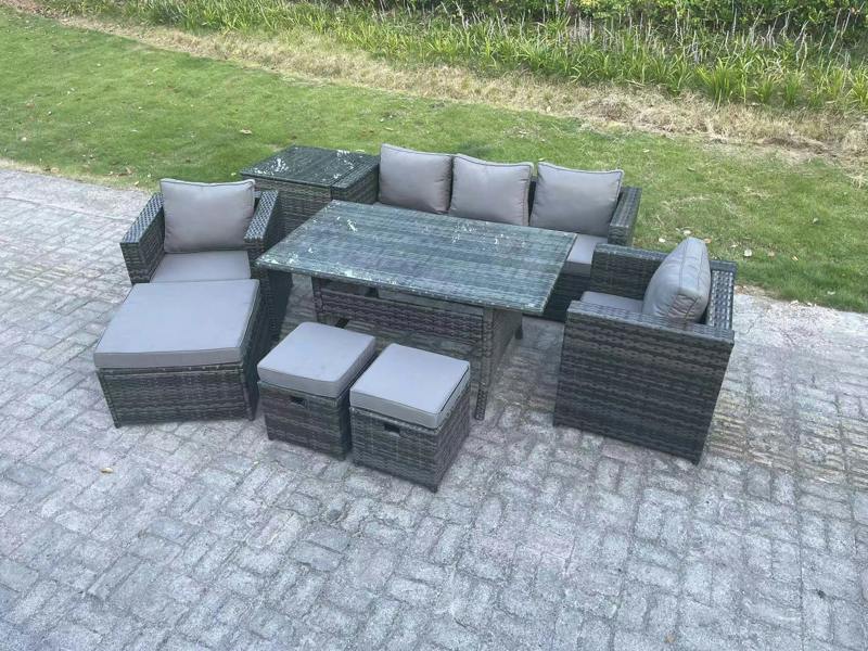 Fimous 8 Seater Rattan Garden Furniture Patio Set, Dining Table, Lounge Sofa Chair, Side Table, Big Footstool, 2 Small Stools, Dark Grey Mixed