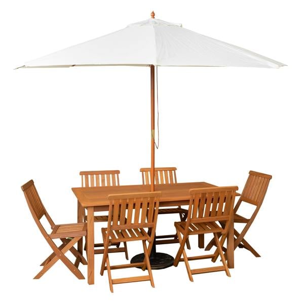 Samuel Alexander Outdoor 6 Person Rectangular Wooden Garden Patio Dining Table Chairs with Cream Parasol and Base Set