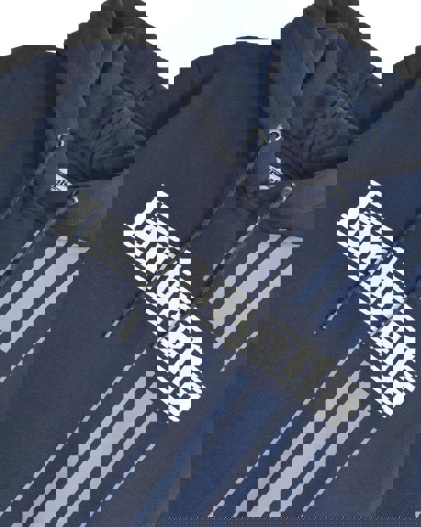 Lambretta Stripe Men's Pull Over Sweatshirt Hooded Hoodie, navy blue hoodie with white and grey stripe design and Lambretta logo.