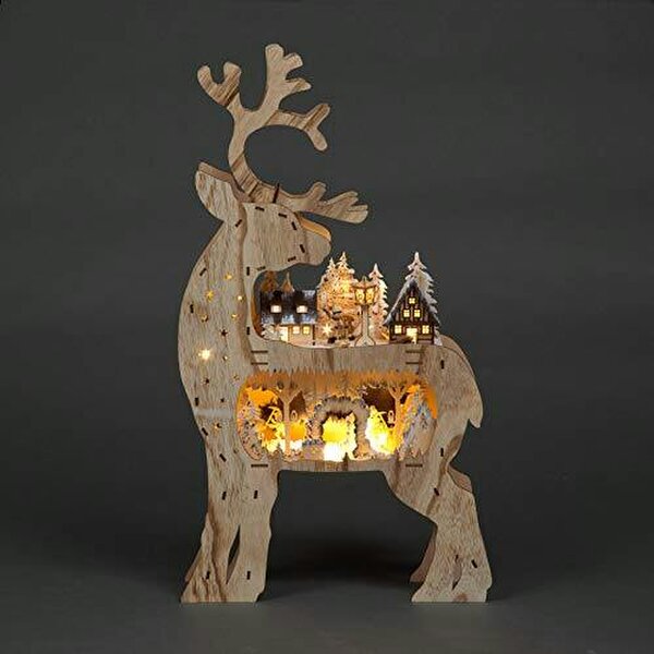 Shatchi 69cm Brown Wooden Laser Cut Reindeer Light with Village Scene and Warm White LEDs