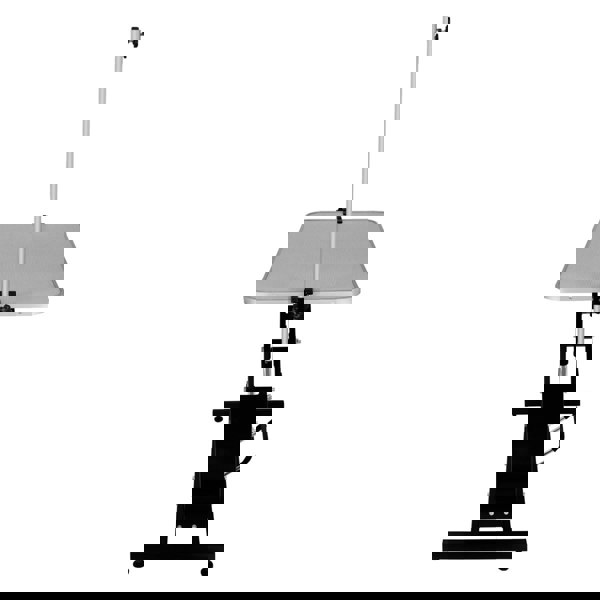 Black hydraulic grooming table with a grey top, adjustable height, sturdy base, and a grooming arm for pet styling