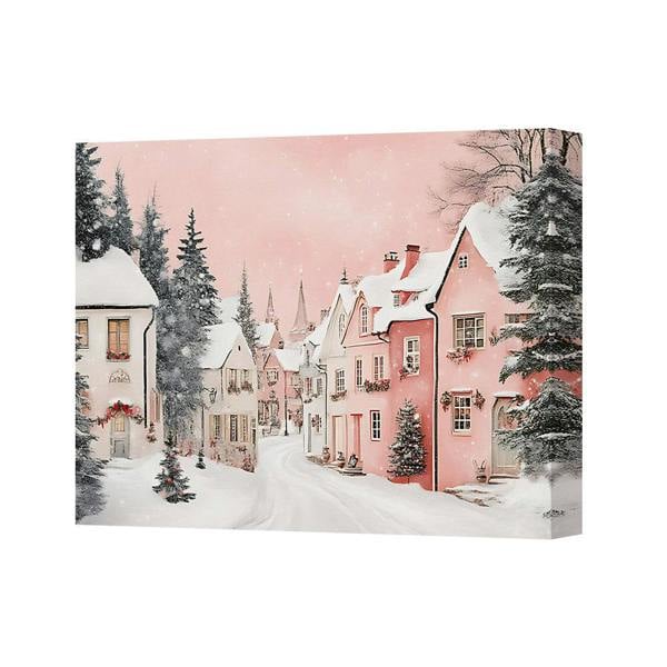 Benjamin Tate Design Winter Village Pink Snowy Street Landscape Canvas Wall Art
