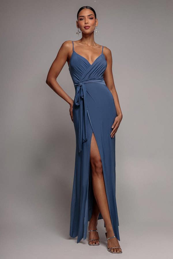 Wrap Front Maxi Slip Dress With Waist Tie-Up - Cloudy Blue DR2250C