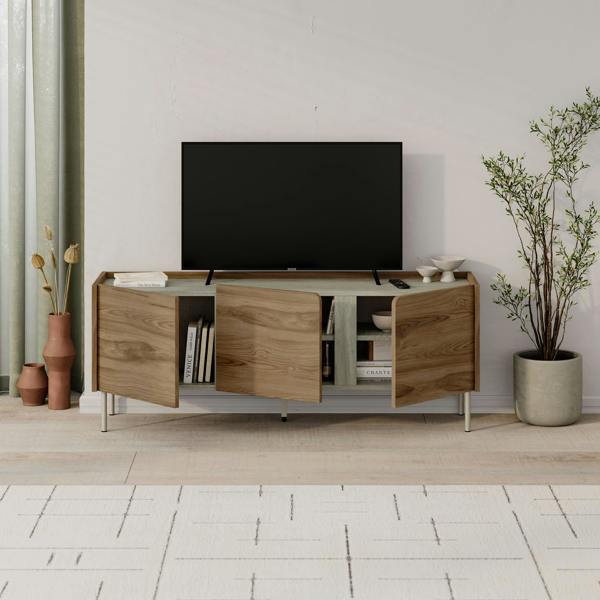 Decortie Modern 140cm TV Stand Unit Up to 50" TVs, 3 Soft-Close Door, 5 Storage Cabinet Shelves, Metal Legs