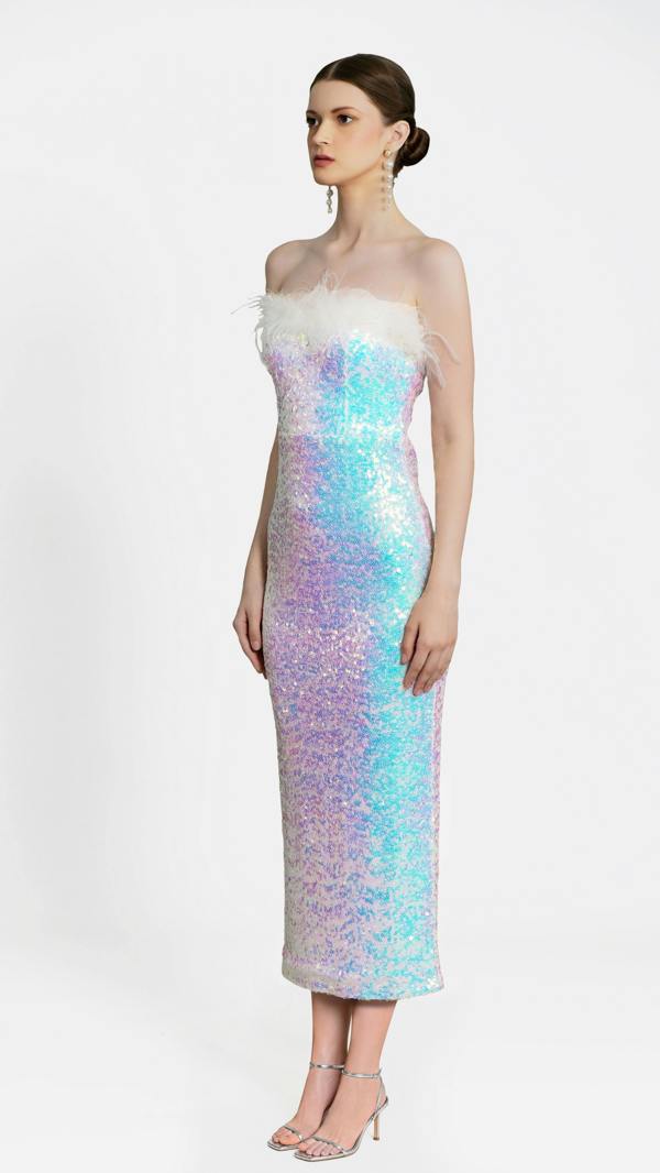 LuvForever Selene - White Bandeau Sequin Midi Dress
