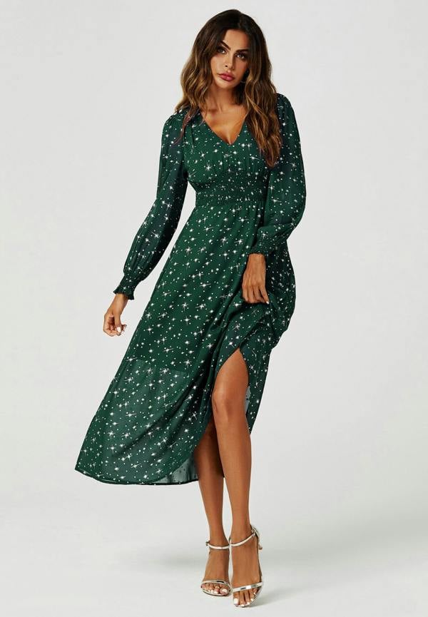 FS Collection Silver Star Foil Long Sleeve Maxi Dress In Green