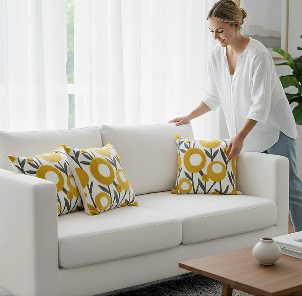 Anypillow Pillowcase White With Yellow Boho Floral Embroidered Decorative Cushion Cover