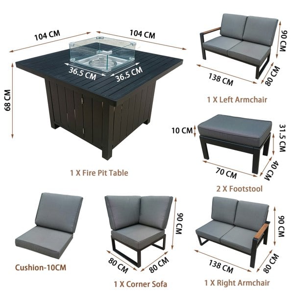 Furniture One Garden Furniture 7 Seater Set, Aluminium Patio Corner Sofa with Firepit Table, Stools & Soft Cushions