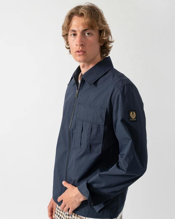 close up shot of a model wearing a Belstaff Cargo Mens Overshirt in Dark Ink