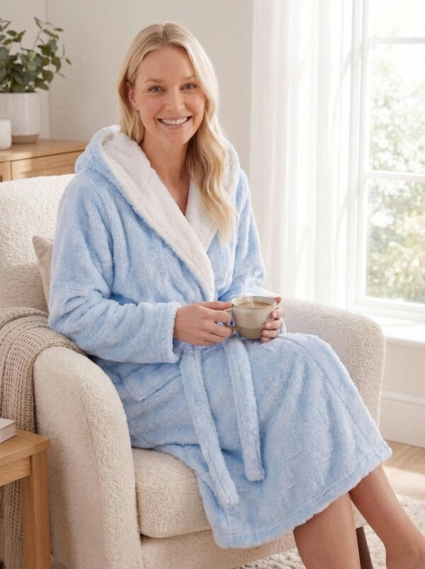 Camille Women's Super Soft Jacquard Sherpa Fleece Hooded Bathrobe