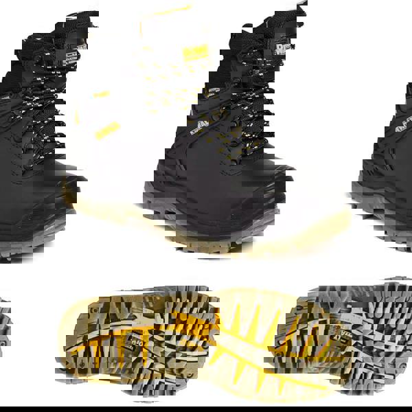 DeWalt Newark Mens SRA S3 WaterProof Safety Steel Toe Lace Up Boots, black waterproof safety steel toe work boots with yellow accents and rugged slip-resistant outsole.