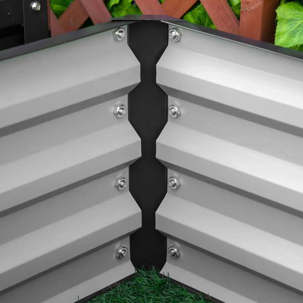 Steel planter box corner brace with bolts connecting black frame panels