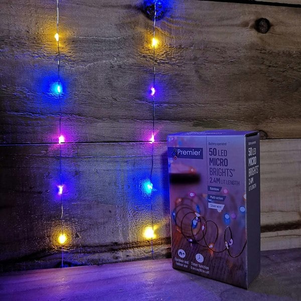Samuel Alexander 50 LED 2.5m Premier MicroBrights Indoor Outdoor Christmas Multi Function Battery Operated Lights with Timer on Pin Wire in Rainbow
