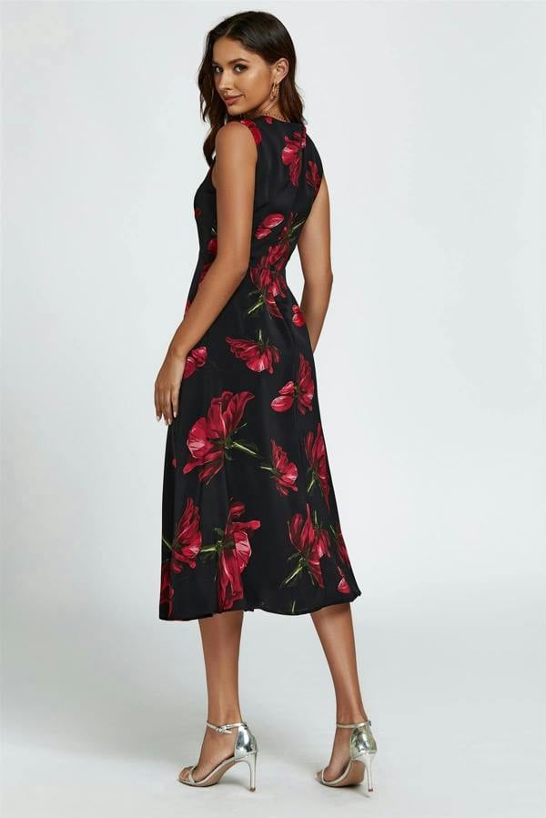 FS Collection Floral Print Heart Neck Midi Dress In Black