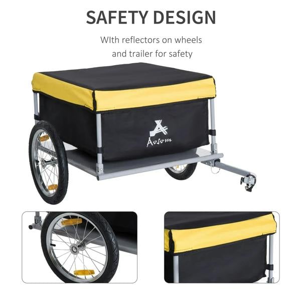 Two-wheel cargo trailer with reflective wheel design, yellow-and-black fabric cover
