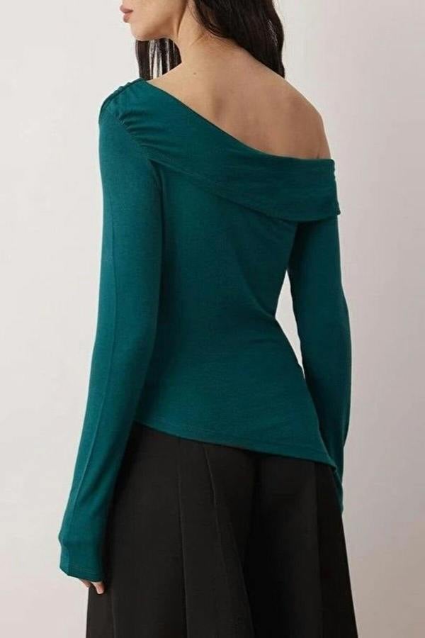 WOVCOR Asymmetrical Neckline Fitted Knitted Blouse with Accessory Details