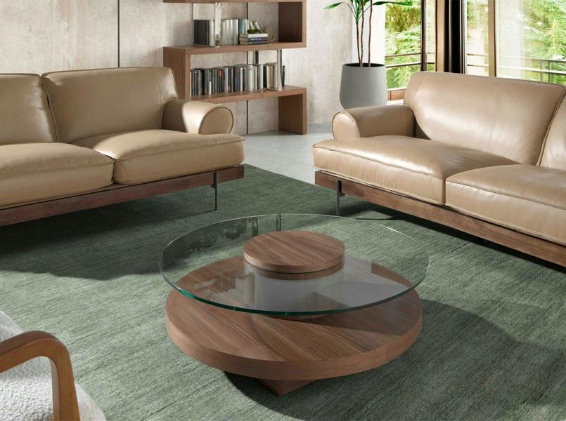 Angel Cerdá Round Tempered Glass and Walnut Coffee Table 2052