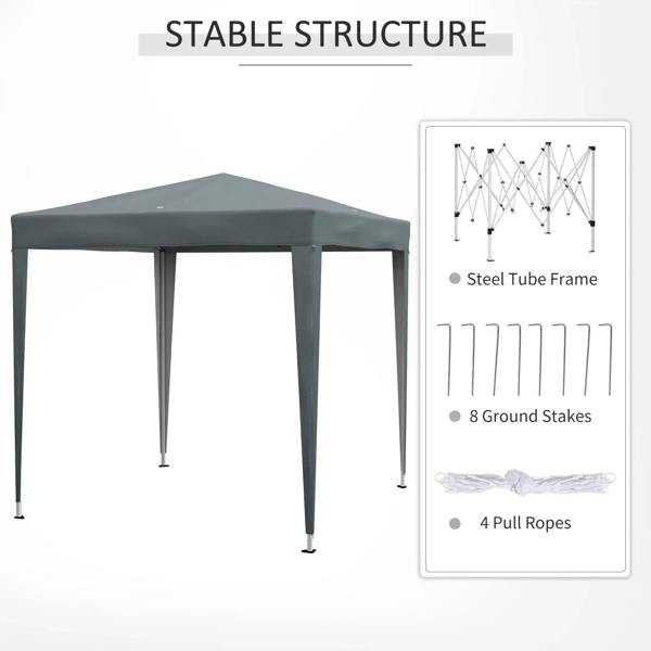 Grey pop-up gazebo party tent with steel tube frame legs and ground stakes
