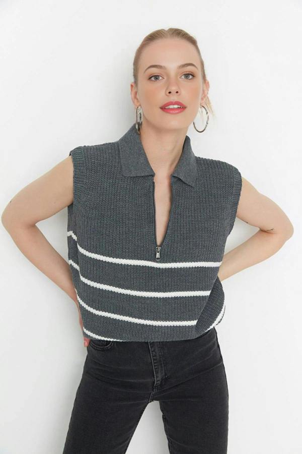 WOVCOR Zippered Striped Polo Neck Knit Sweater