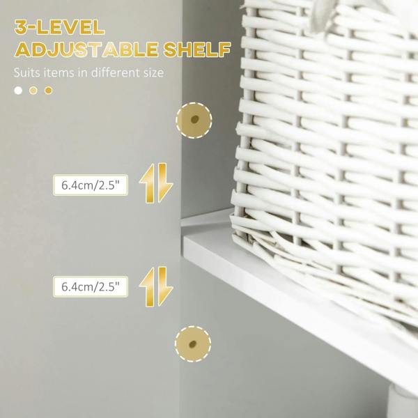 Interior side view showing adjustable shelf inside white slim bathroom cabinet