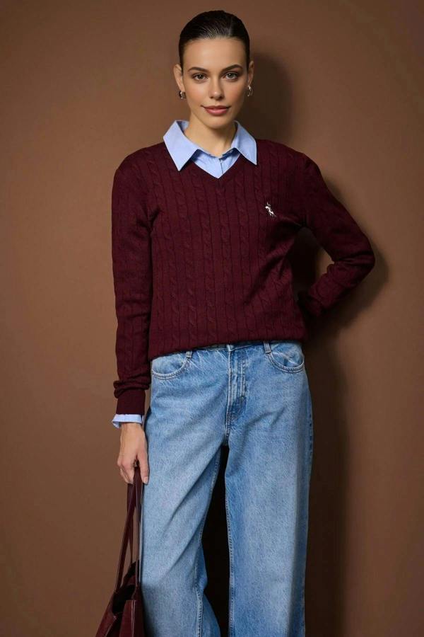 WOVCOR Horse Embroidered V-Neck Cable Knit Sweater