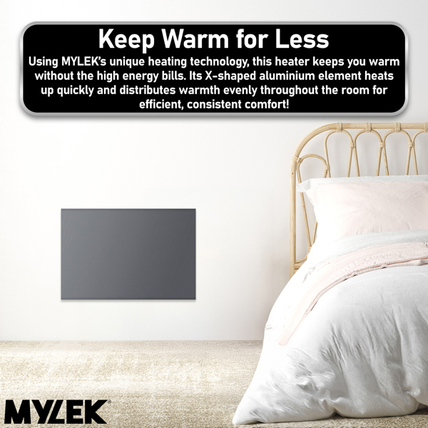 MYLEK Electric Radiator Panel Heater Grey WIFI Smart APP Eco 1200W Bathroom Safe Wall Mounted Timer Thermostat