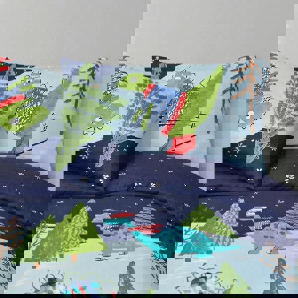 Smart Living Fun & Cosy Kids' Duvet Cover with Pillowcase & Fitted Sheet-Complete-Set - DINO SKIING