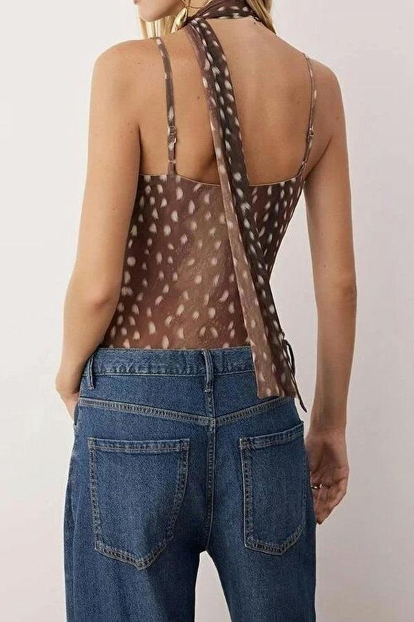 WOVCOR Animal Print Sleeveless Knitted Tulle Party Bodysuit