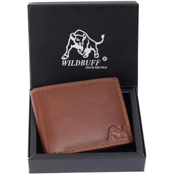 WILDBUFF Mens Brown Double Stitched Leather Wallet Timeless Everyday Wallet