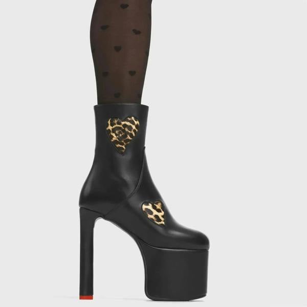 Lamoda Stay the Night Black PU Ankle Boots with Leopard Accent Stylish