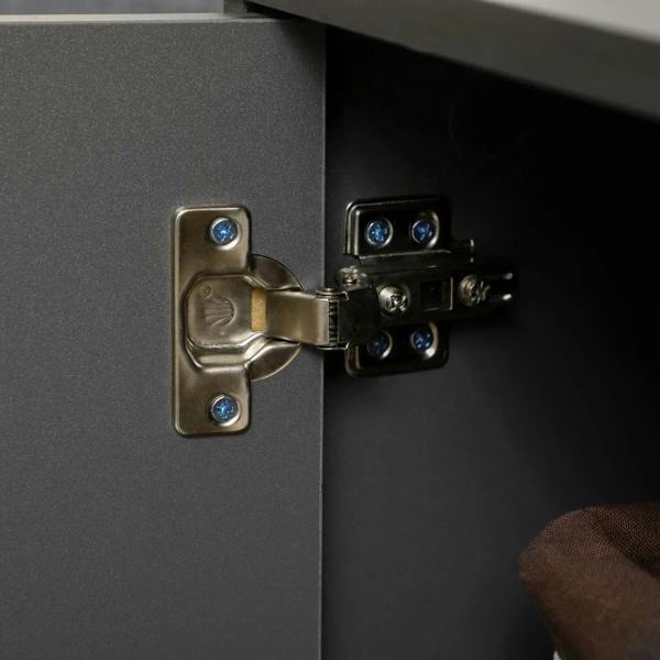 Dark grey cabinet door hinge hardware with blue fasteners