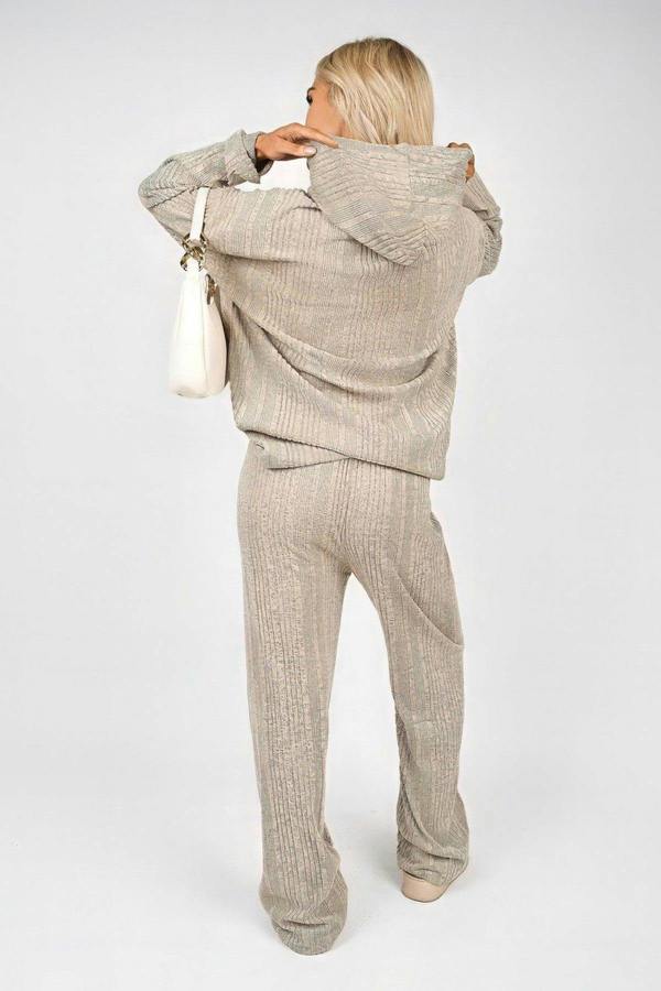 Zayana Hooded Ribbed Oversized Top And Wide Leg Lounge Co-ord Set - Stone