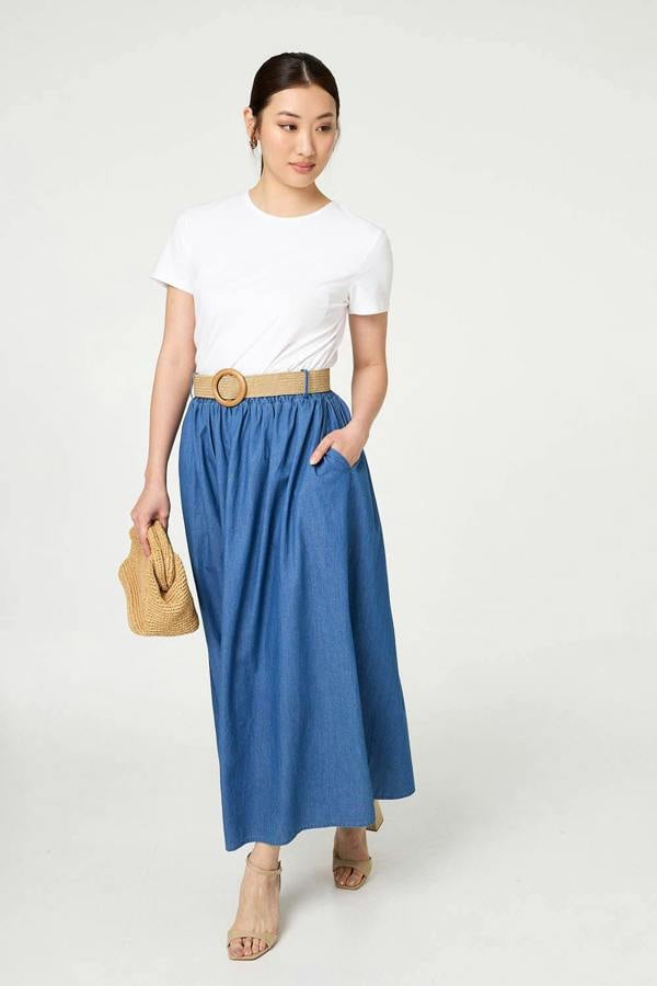 Blue | High Waist Belt Detail Denim Maxi Skirt