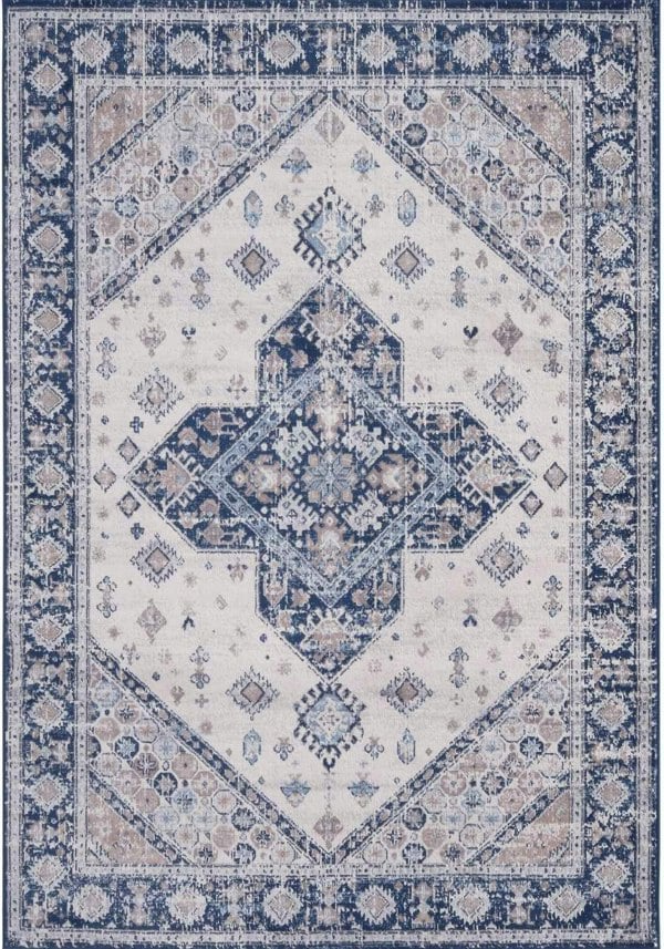 Montana Vintage Navy Rugs Bordered Medallion Stain-resistant | THE RUGS