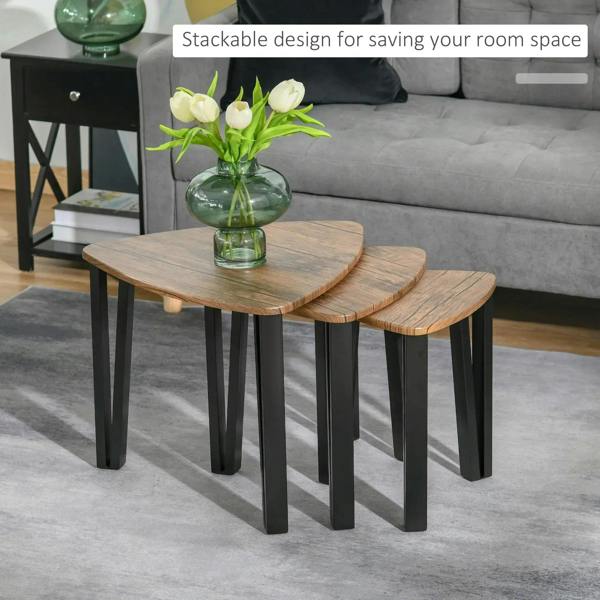 Triangular nesting side tables set of 3 with walnut wood tops and black metal legs